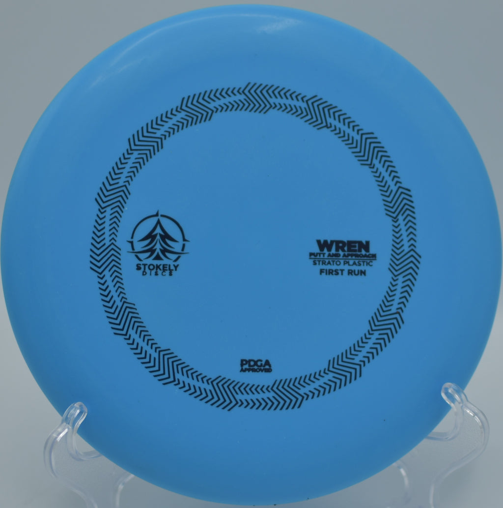 Strato Wren gliding with gentle fade during a calm round at Meyer Broadway Park Disc Golf Course in Three Rivers, Michigan.