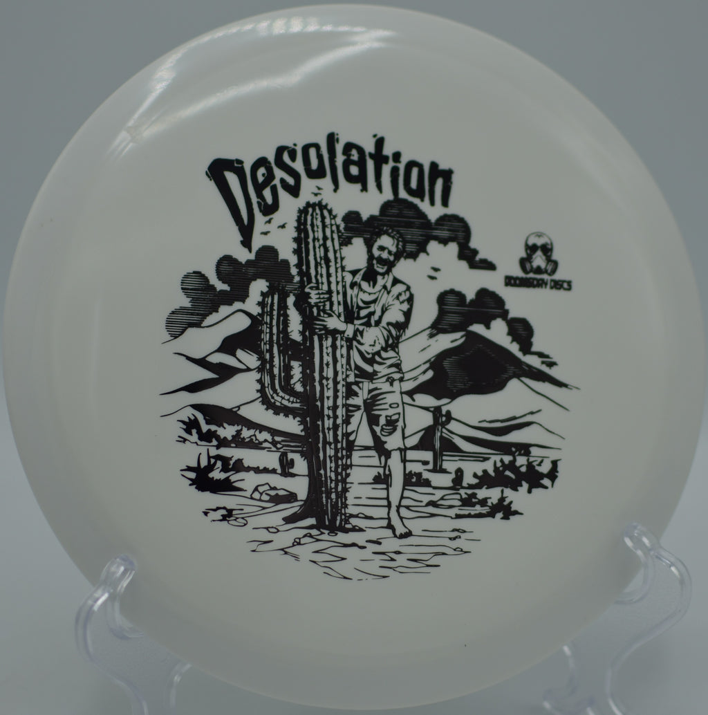 Doomsday Survival Desolation threading a tight woods lane at Pioneer Park DGC in Billings, MT, flying straight with powerful midrange stability.