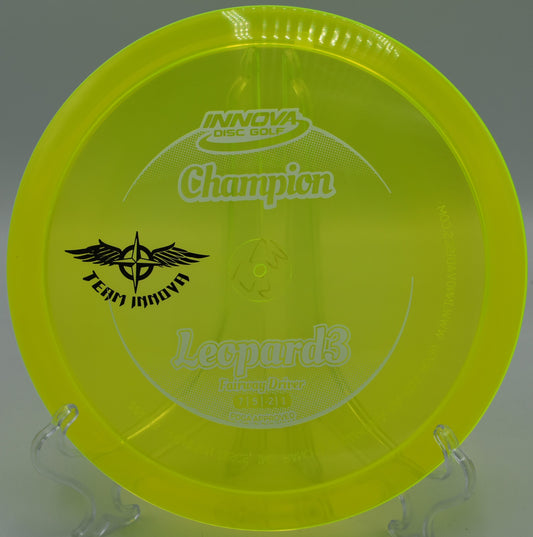 Limited edition CHAMPION LEOPARD 3 (TEAM STAMP) PENNED disc, perfect for advanced disc golfers seeking precision and style, available nationwide and in San Francisco, CA.