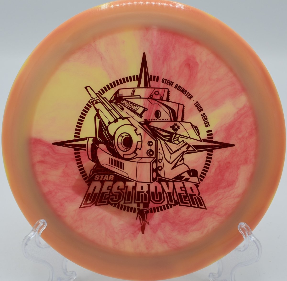 Brinster Star Destroyer unleashed on a full-power flex line at Wildcat Bluff Disc Golf Course in Shellsburg, Iowa, holding firm high-speed stability before a hard late fade for elite disc golf distance shots