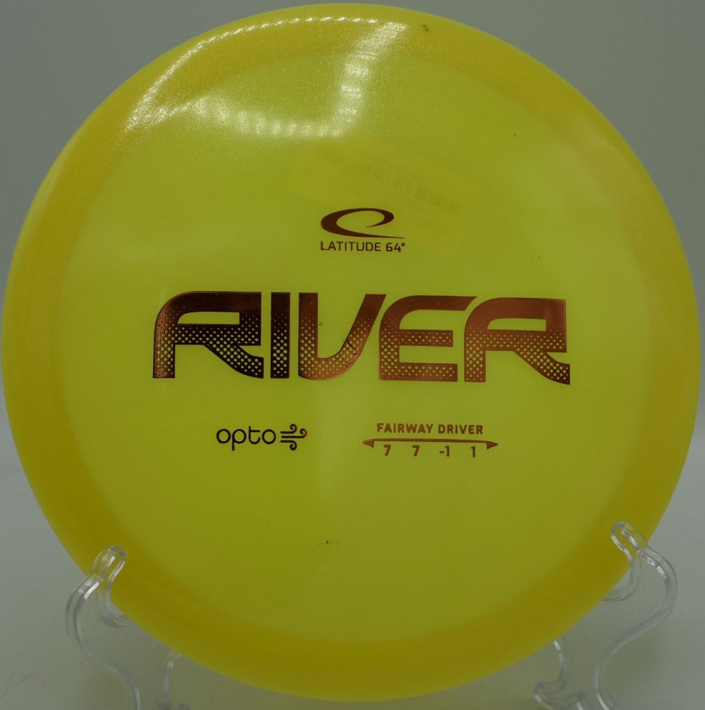 Latitude 64 Opto Air River fairway driver pushing forward with glide at Brazos East Disc Golf Course in Waco Texas