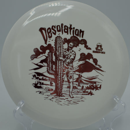 Survival Desolation skipping hard into Circle 1 at Shady Oaks DGC in Orangevale, CA, using its overstability for a controlled ground finish.