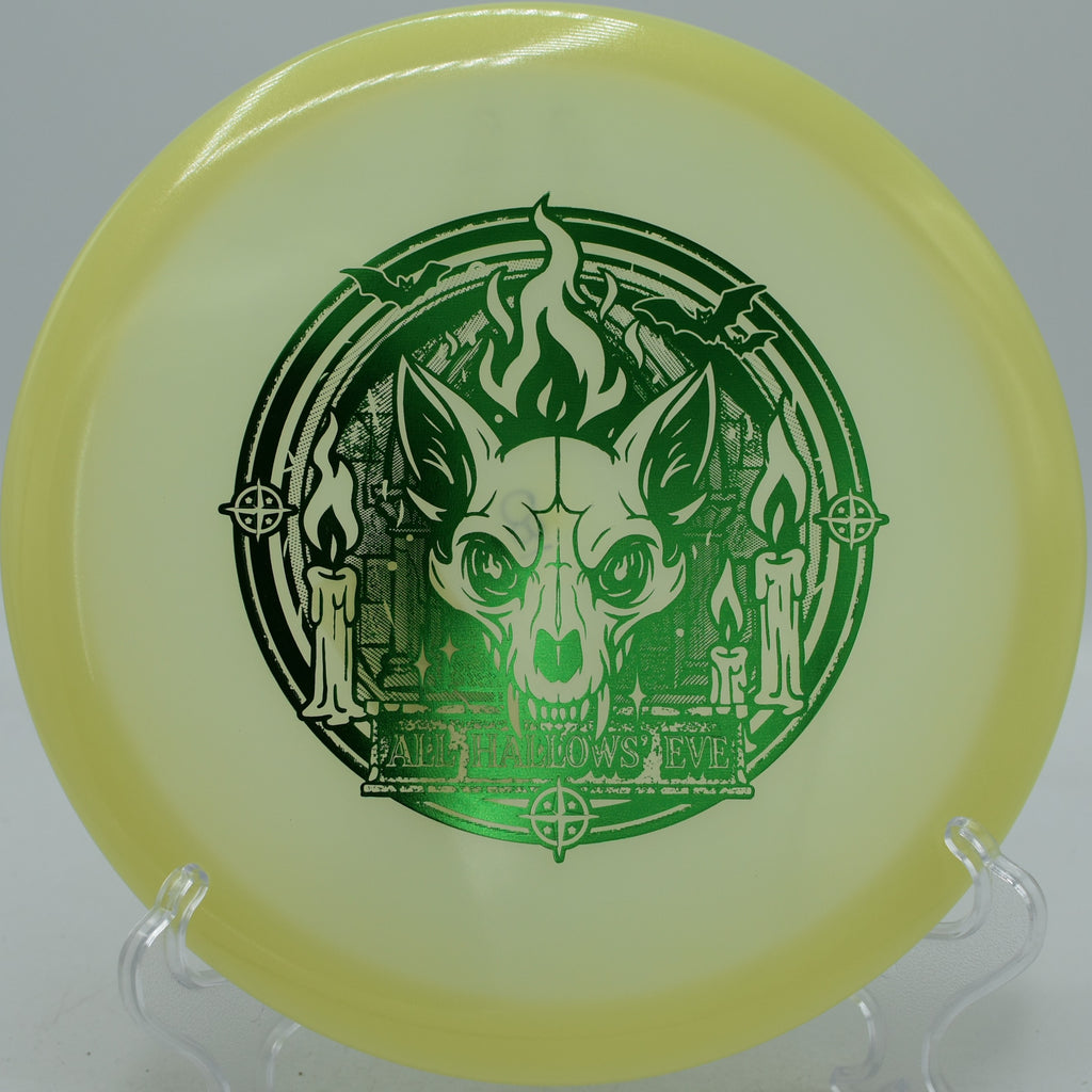 Champion Proto Glow Fox disc shaping precise fairway control at Hudson Mills Disc Golf Course in Dexter, Michigan