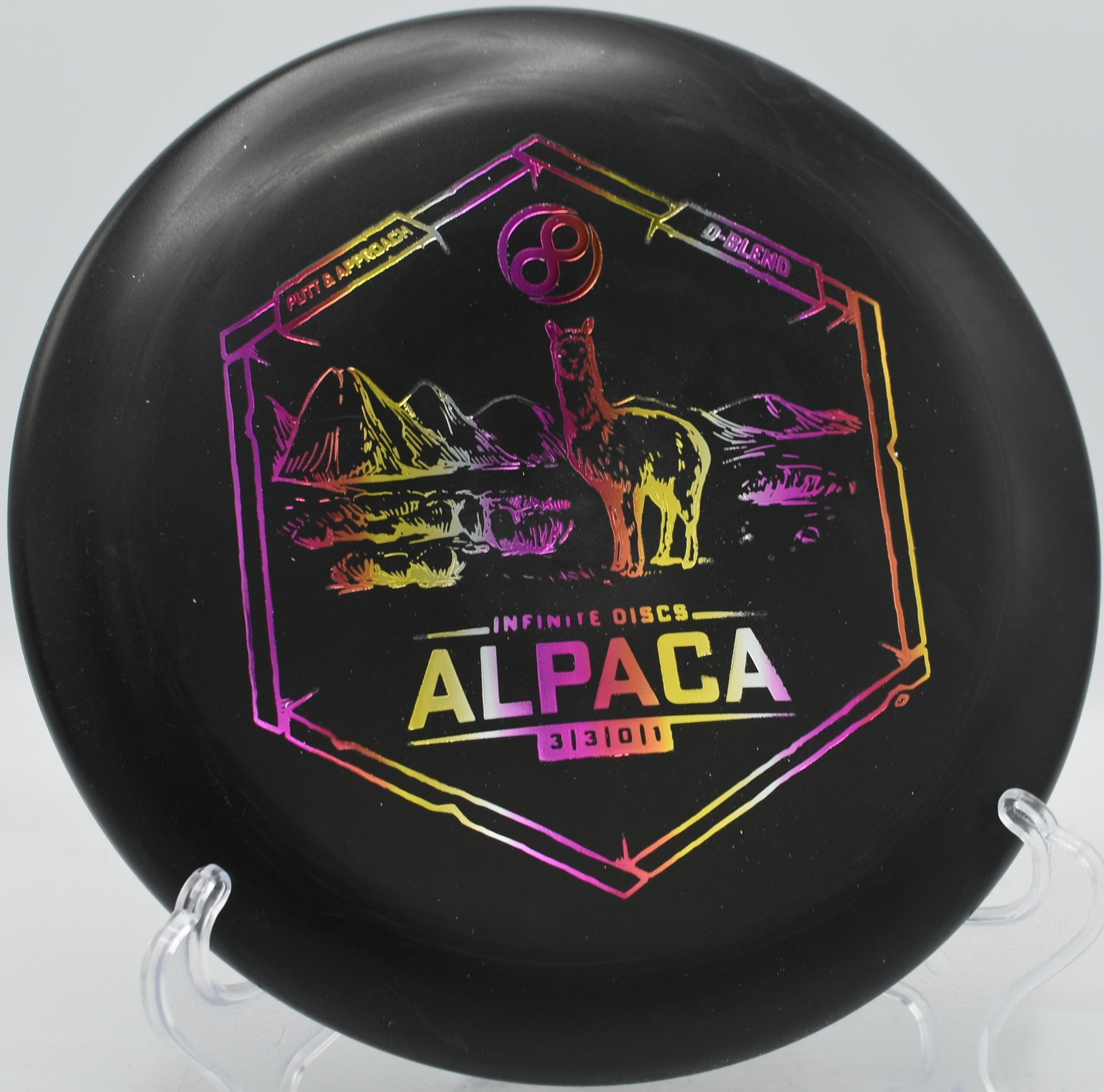 Infinite D-Blend Alpaca gliding on a straight spin putt and dropping softly into the cage at Fox Run Meadows.

