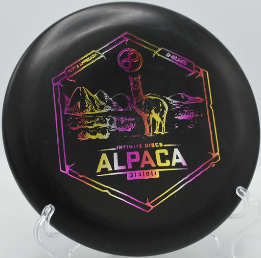 Infinite D-Blend Alpaca gliding on a straight spin putt and dropping softly into the cage at Fox Run Meadows.

