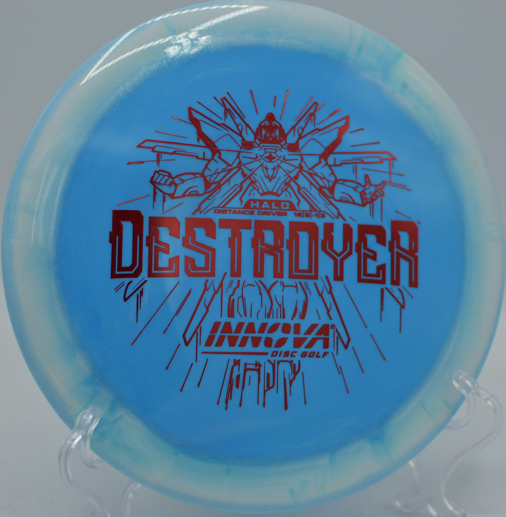 Innova Halo Star Destroyer booming downhill on a max-distance drive at The Toboggan Disc Golf Course in Milford, Michigan.
