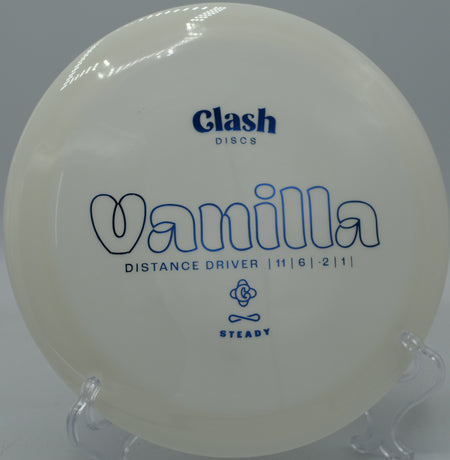 Vanilla driver holding a long turnover line with late finish at Maple Hill Disc Golf Course in Leicester, Massachusetts.

