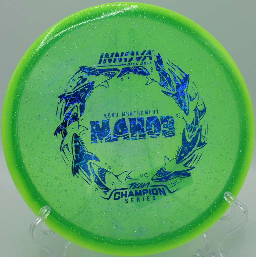 Innova Halo Champion Metal Flake Mako3 disc golf midrange flying straight at Sunset Park Disc Golf Course in Las Vegas Nevada