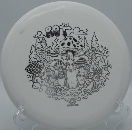 Doomsday Discs Ration Soft Rot putter parked under basket chains after a soft approach at Woodland Mound Disc Golf Course in Cincinnati, Ohio