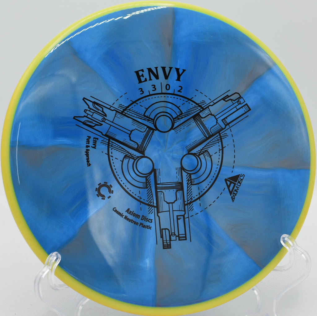 MVP Cosmic Neutron Envy driving on a controlled hyzer line at Blue Ribbon Pines Disc Golf Course in East Bethel, Minnesota.