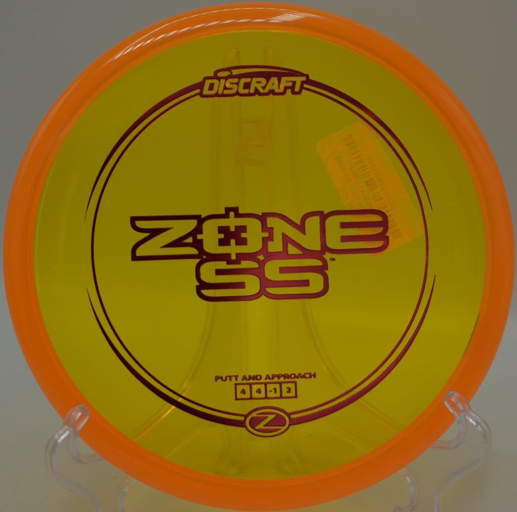 Discraft Z Zone SS released on a backhand hyzer approach at Morley Field Disc Golf Course in San Diego, California.