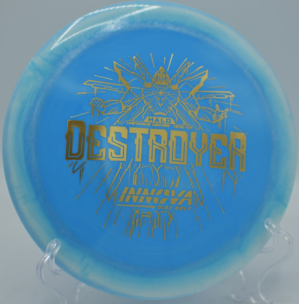 Innova Halo Star Destroyer fired forehand with torque resistance at Veterans Park Disc Golf Course in Arlington, Texas.