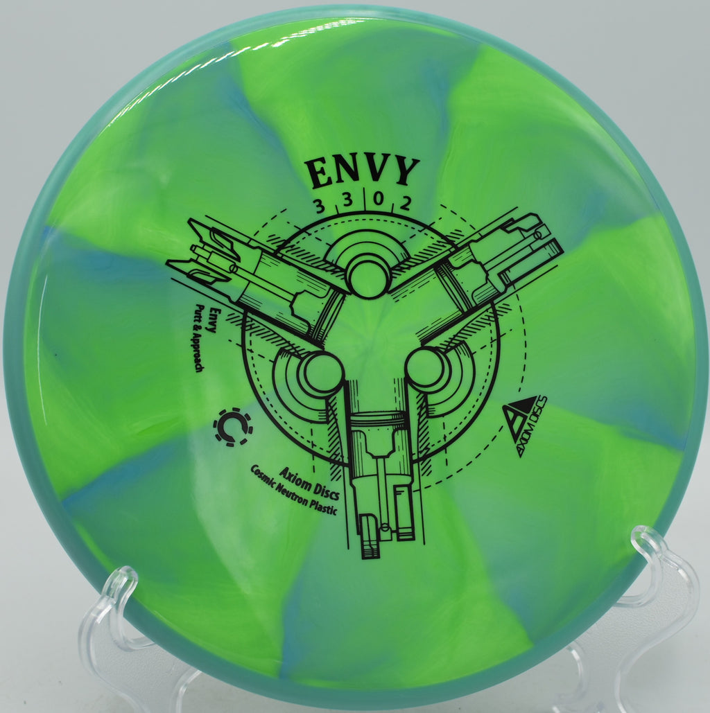 MVP Cosmic Neutron Envy carving a turnover approach shot at DeLaveaga Disc Golf Course in Santa Cruz, California.