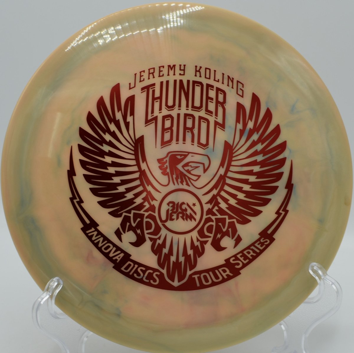 Koling Thunderbird released flat on a power line at Lincoln Ridge Disc Golf Course in Independence, Kentucky, blending fairway control, glide, and consistent fade for repeatable disc golf drives