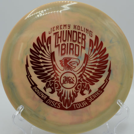 Koling Thunderbird released flat on a power line at Lincoln Ridge Disc Golf Course in Independence, Kentucky, blending fairway control, glide, and consistent fade for repeatable disc golf drives