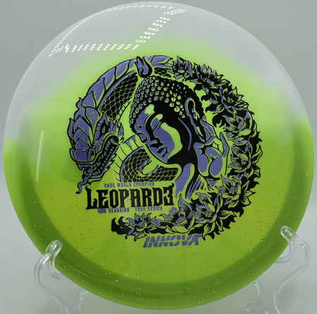 Duo Leopard3 Ohn Scoggins Tour Series fairway driver parked under basket chains at Lakewood Hills Disc Golf Course in White Bear Lake, Minnesota