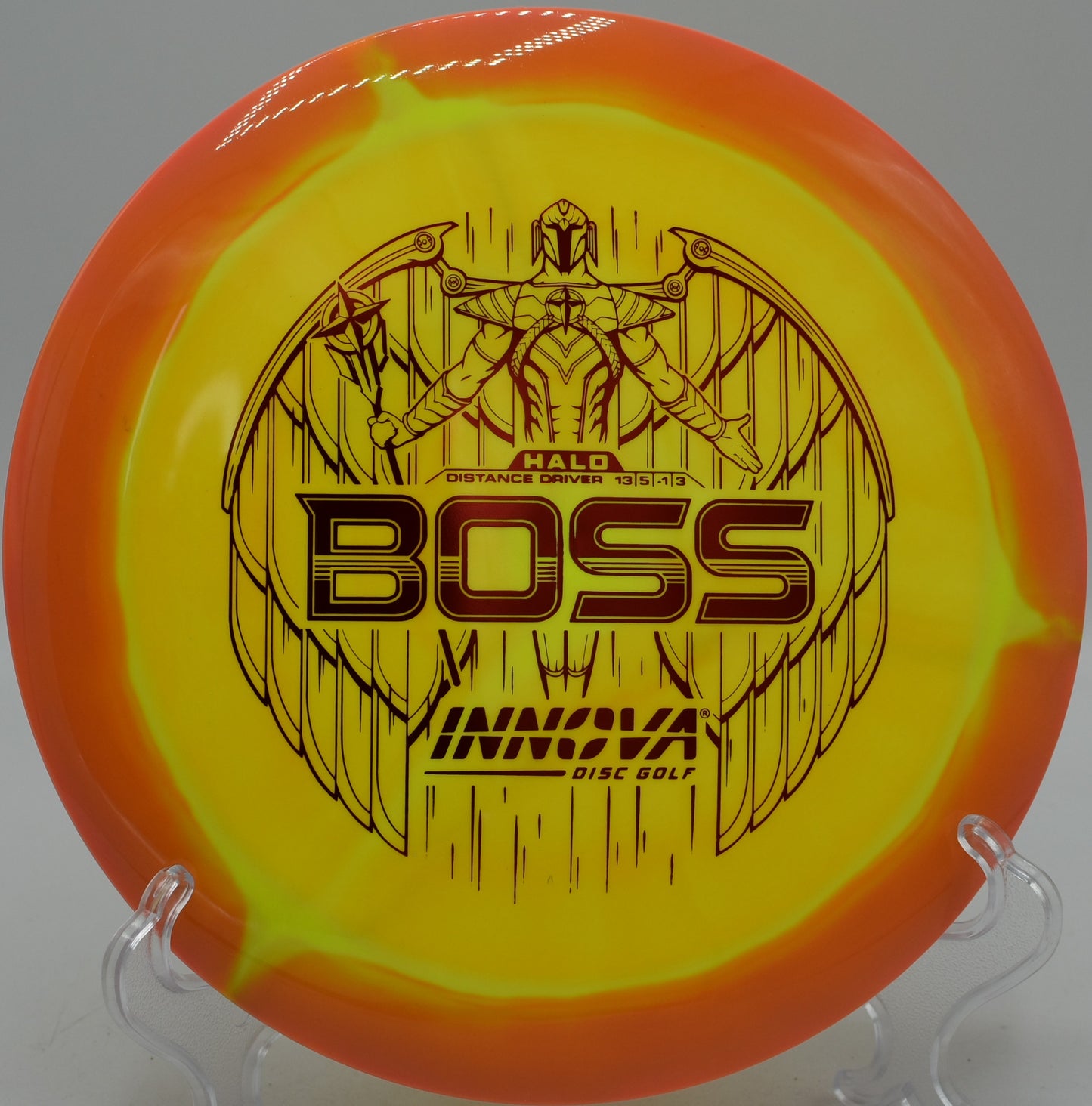 Innova Halo Star Boss high-speed driver ripping a max flex bomb at Maple Hill Disc Golf Course in Leicester, Massachusetts