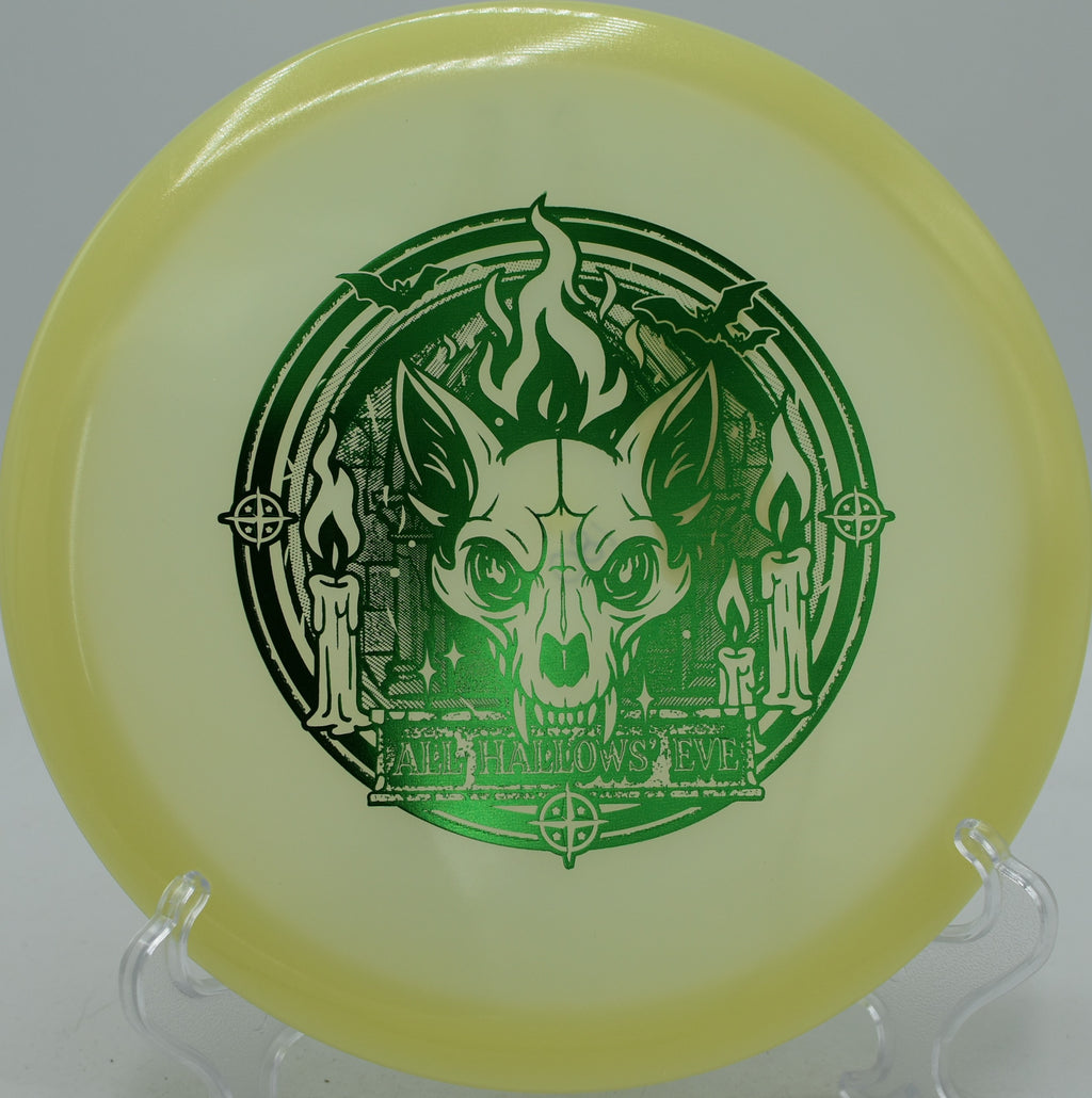 Glow Champion Fox disc launched for a technical turnover at Cedar Hill Disc Golf Course in Nashville, Tennessee