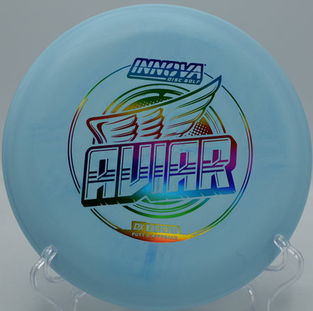 Innova DX Aviar classic putter lined up for a straight circle-one putt at Maple Hill Disc Golf Course in Leicester, Massachusetts