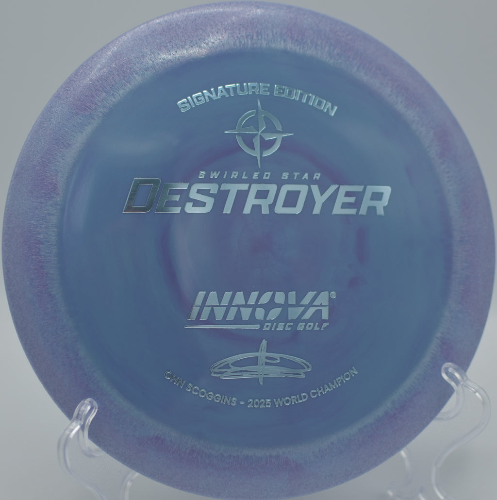 Star Swirled Destroyer Ohn edition carving a tight fairway at Rockwell Park DGC in Bristol, CT, holding a straight line through heavy woods.