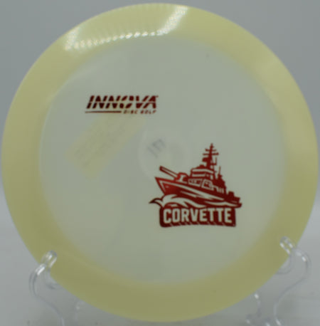 High-speed glide with the Glow Corvette at dusk on a wooded hole at Milo McIver.

