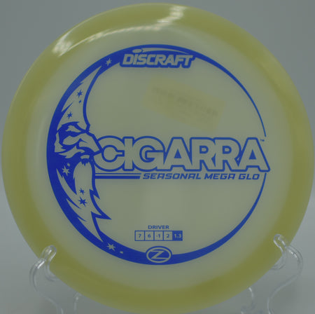 Mega Glow Z Cigarra glowing under blacklight skies at Eagles Crossing Disc Golf Course in Hawk Point, Missouri.