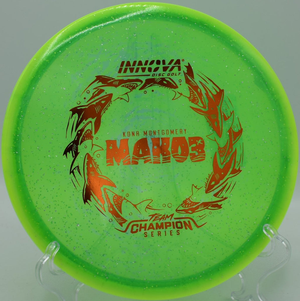 Innova Halo Champion Metal Flake Mako3 midrange delivering precision at Highland Park Disc Golf Course in Joliet Illinois