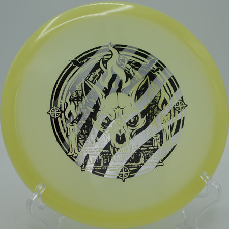 Champion Proto Glow Fox disc flying with glide at Tyler State Park Disc Golf Course in Newtown, Pennsylvania