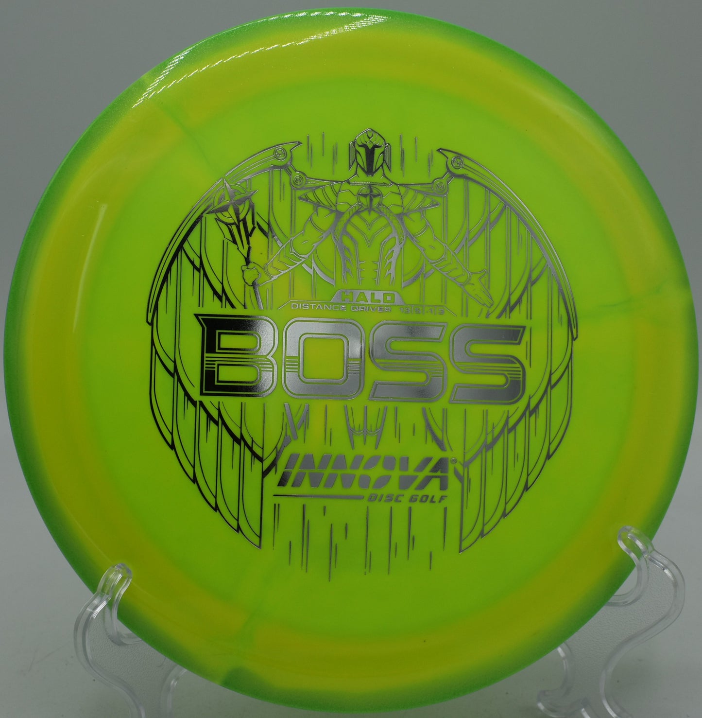 Innova Halo Star Boss disc flying a huge hyzer-flip distance line at Idlewild Disc Golf Course in Burlington, Kentucky
