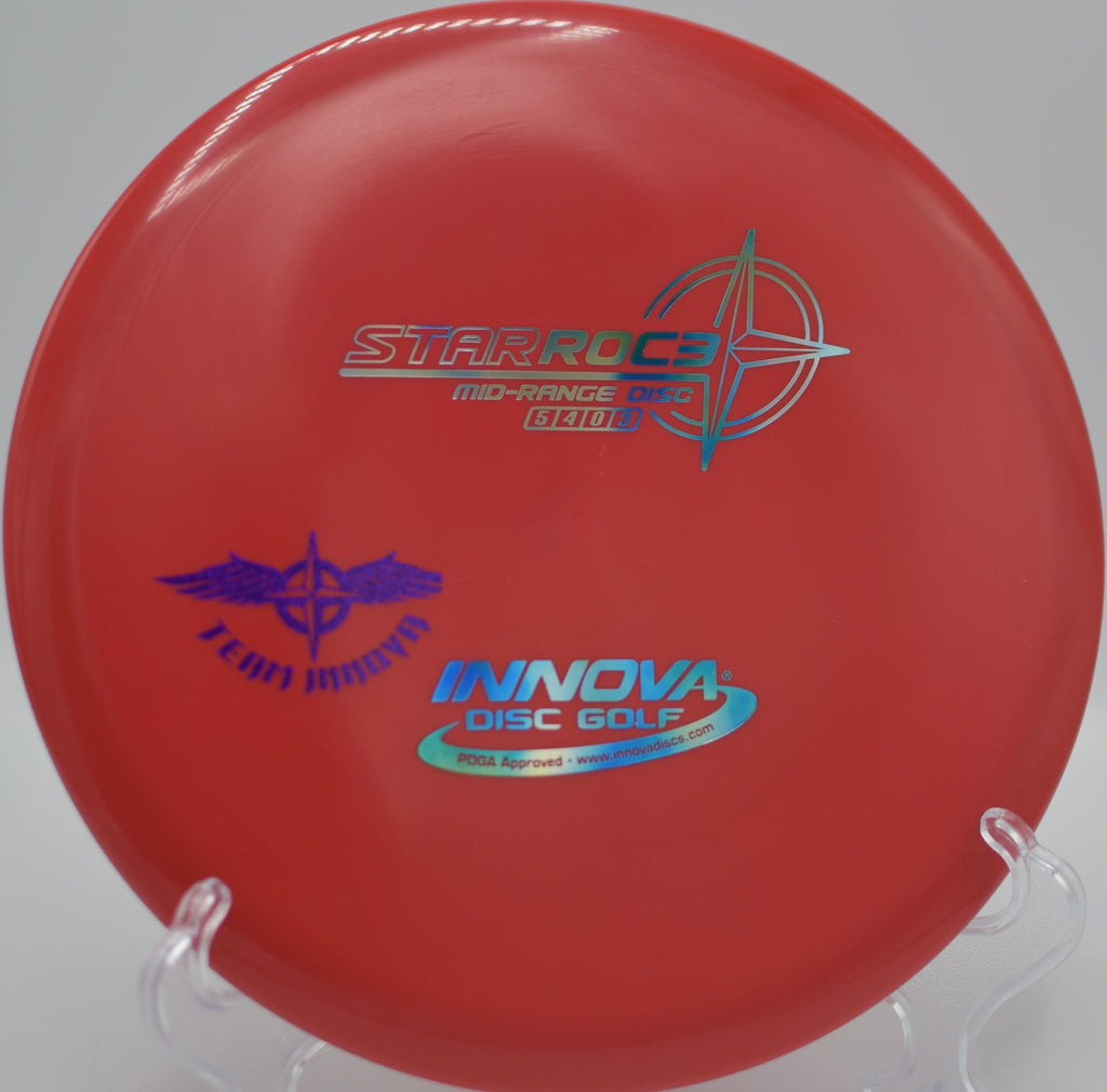 Innova Star Roc3 (Team Stamp) flying straight with dependable fade toward the basket at Maple Hill Disc Golf Course in Leicester, Massachusetts.