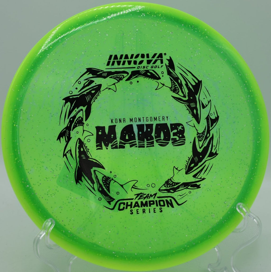 Innova Halo Champion Metal Flake Mako3 disc golf midrange flying straight shot at Dellwood Disc Golf Course in Lockport Illinois