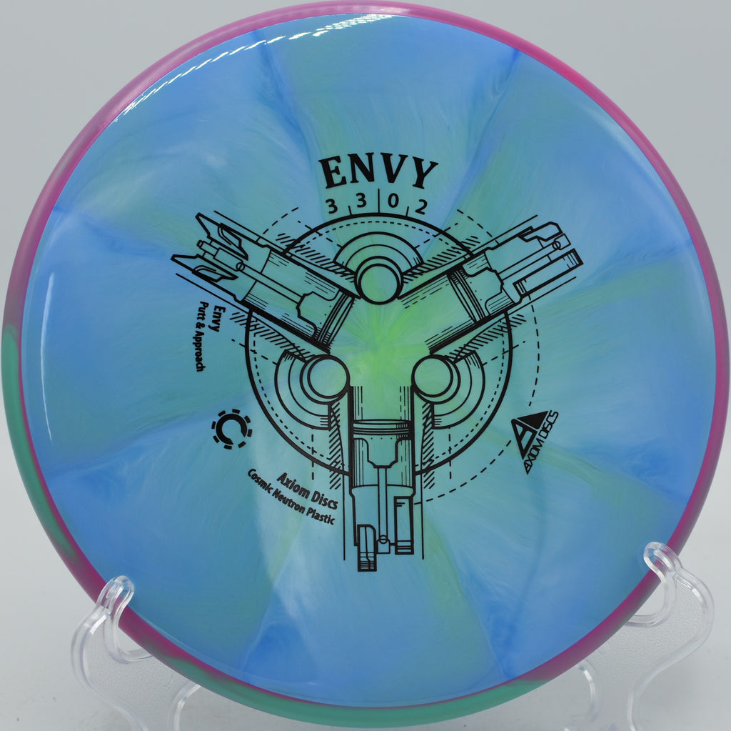 MVP Cosmic Neutron Envy gliding long on a straight putter drive at Moraine State Park Disc Golf Course in Portersville, Pennsylvania.