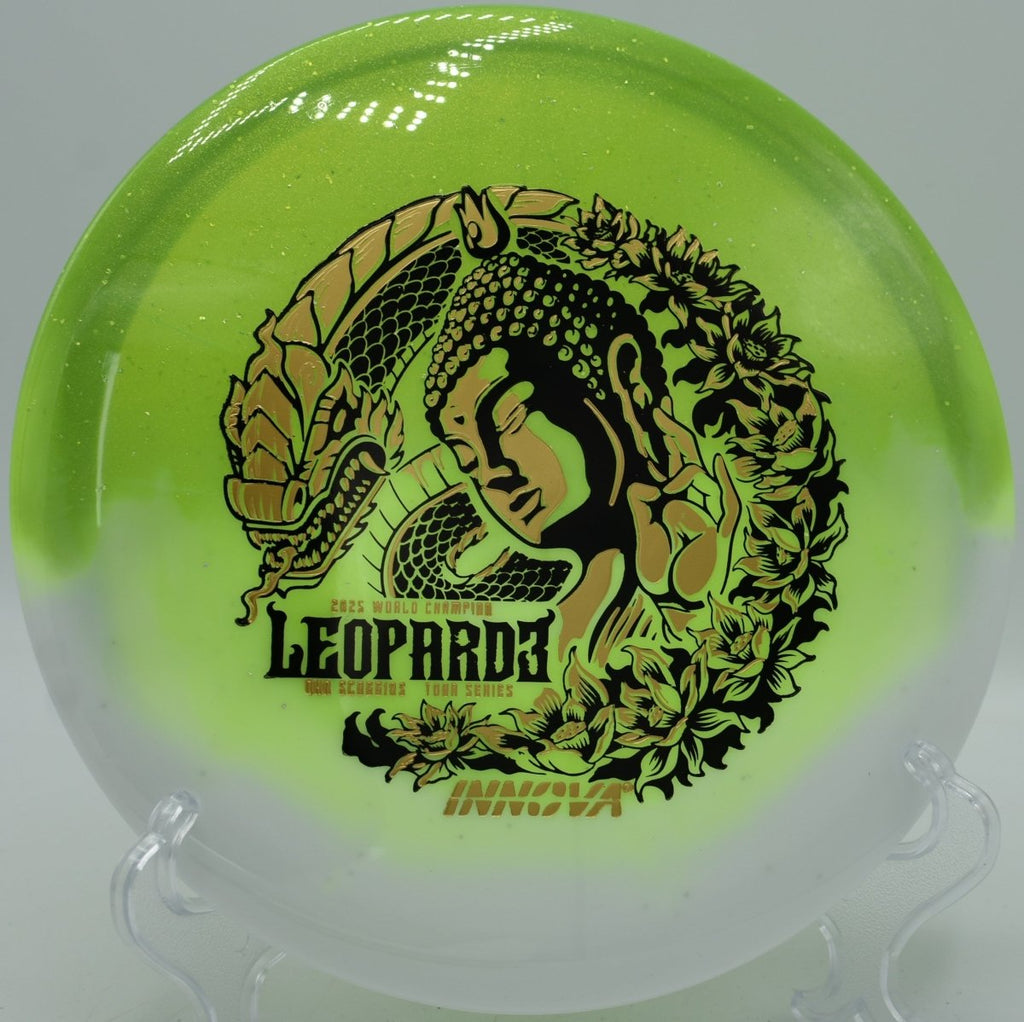 Duo Leopard3 Ohn Scoggins Tour Series fairway driver gliding down a wooded tunnel fairway at Arrowhead Park Disc Golf Course in Myrtle Beach, South Carolina