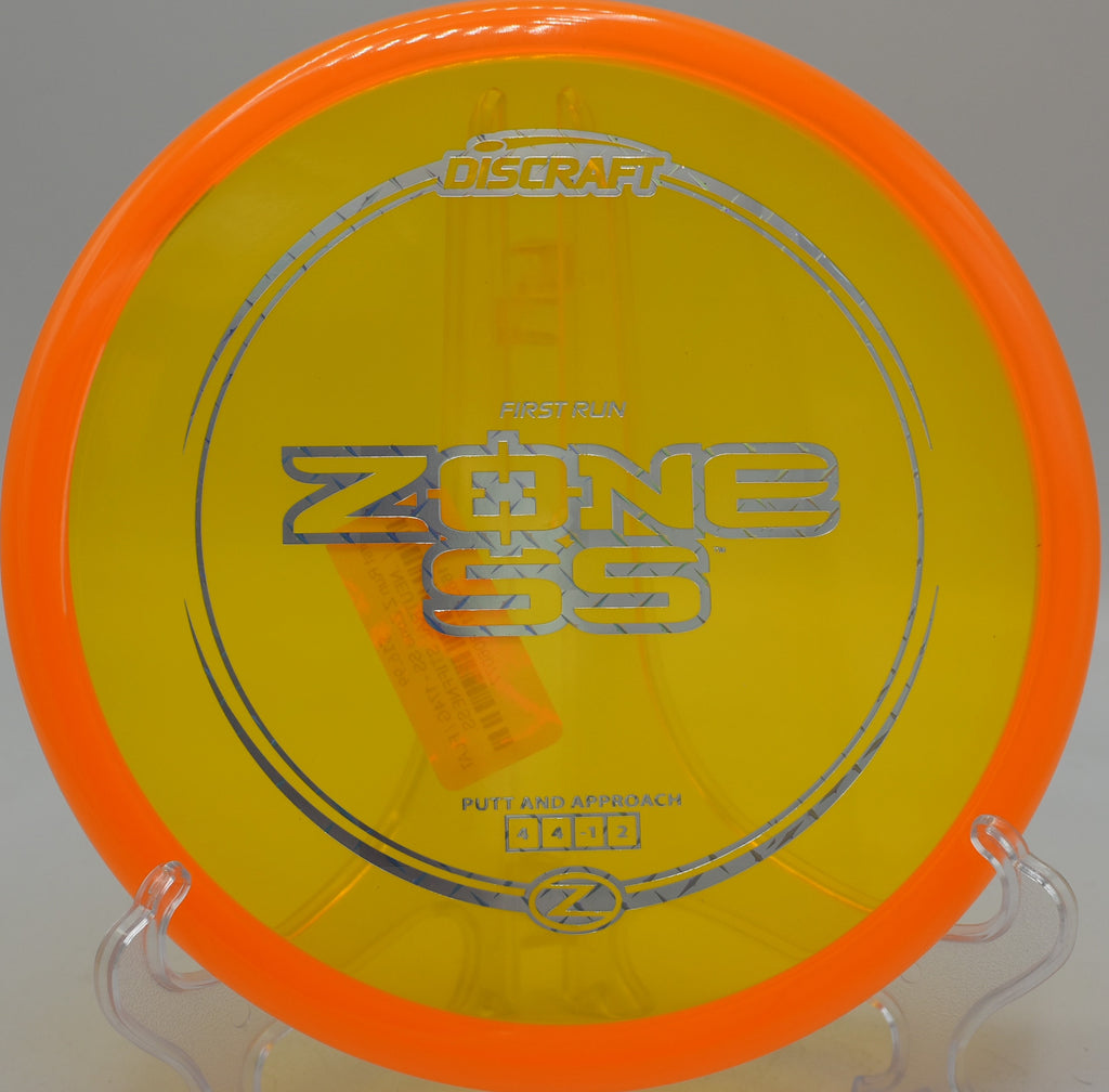 Discraft First Run Z Zone SS in mid-stable glide at Thomas Park DGC in Coralville, IA