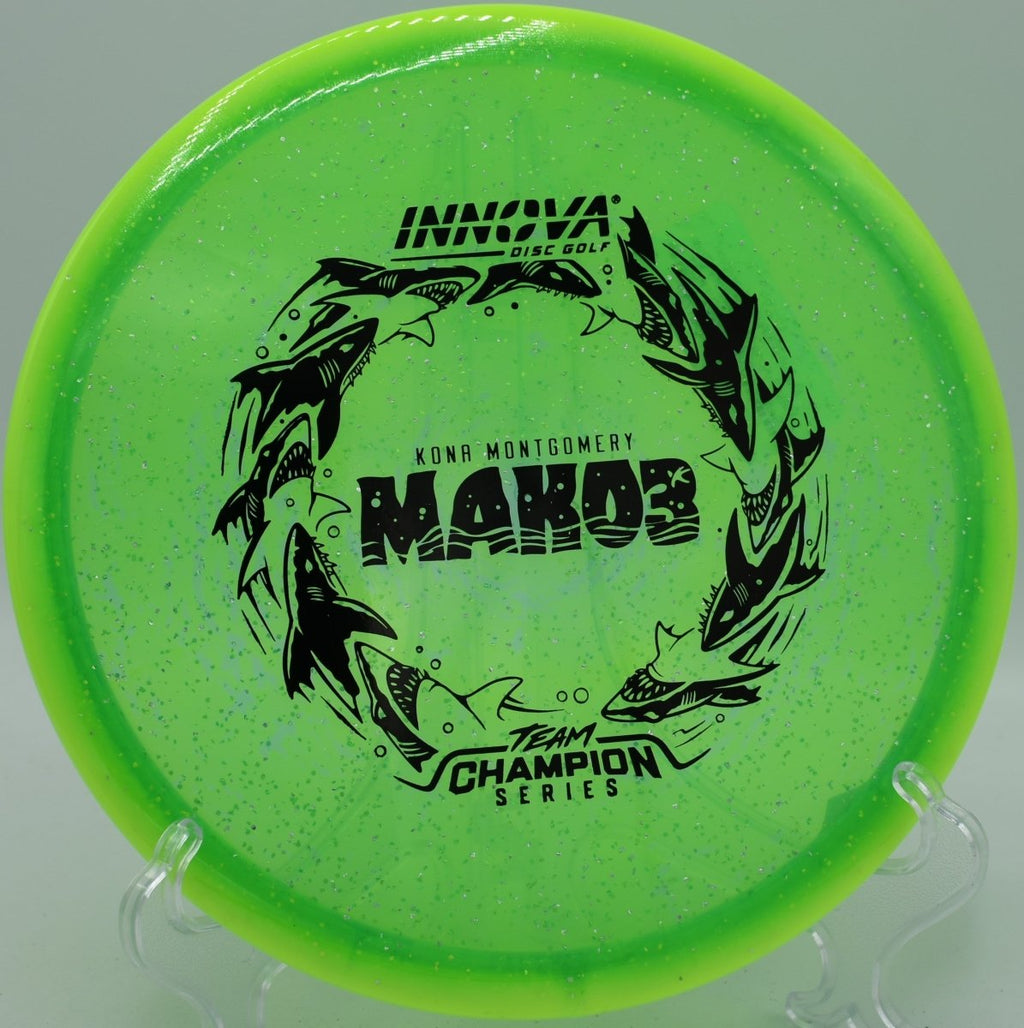 Innova Halo Champion Metal Flake Mako3 midrange holding glide at Flip City Disc Golf Park in Shelby Michigan