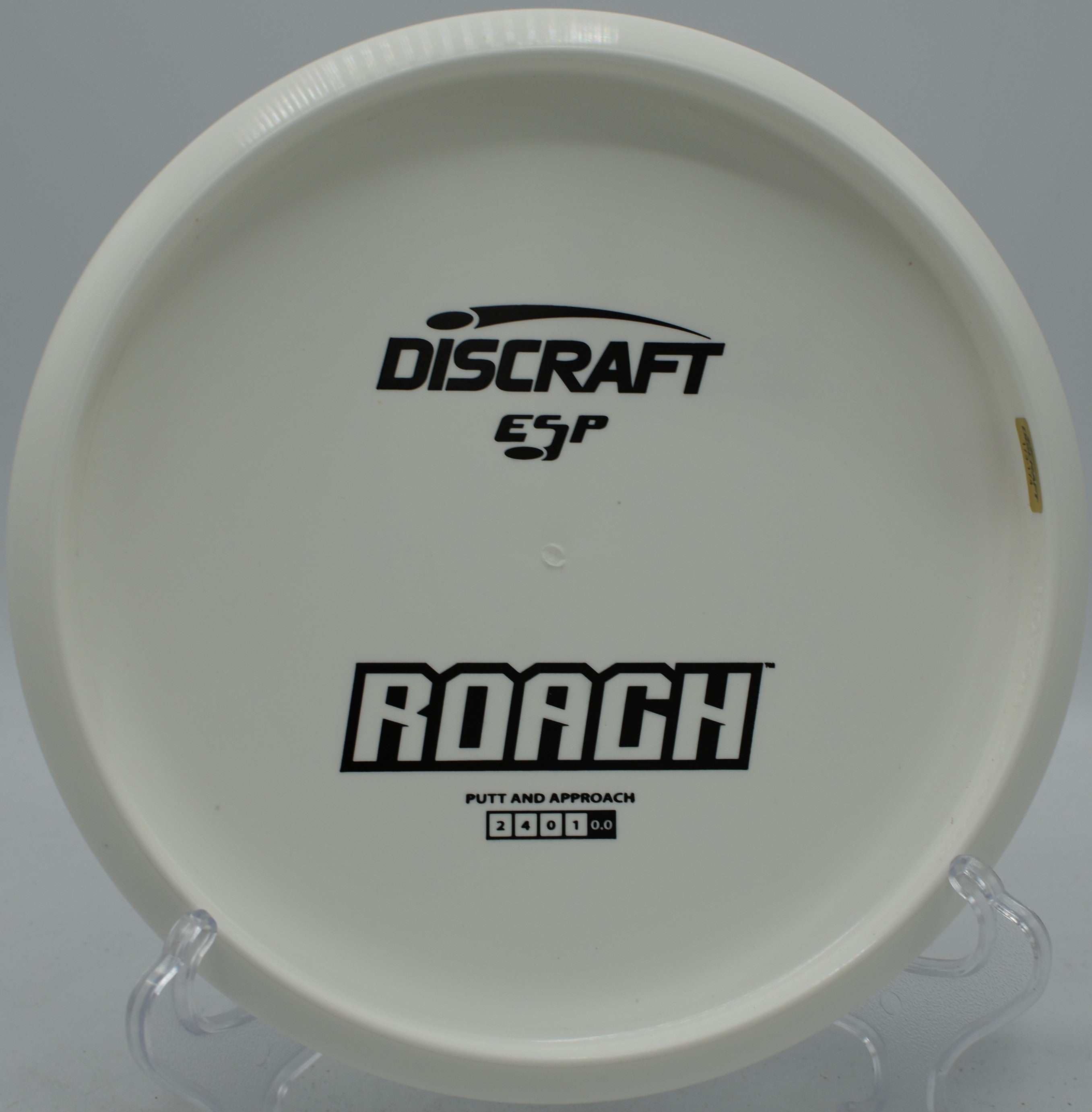 Discraft Solid White ESP Roach displayed at Harmony Bends DGC, Columbia MO for confident putting and short drives
