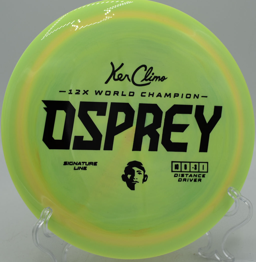 Signature Line Osprey shaping a tight S-curve at Kensington Toboggan Disc Golf Course in Milford, MI