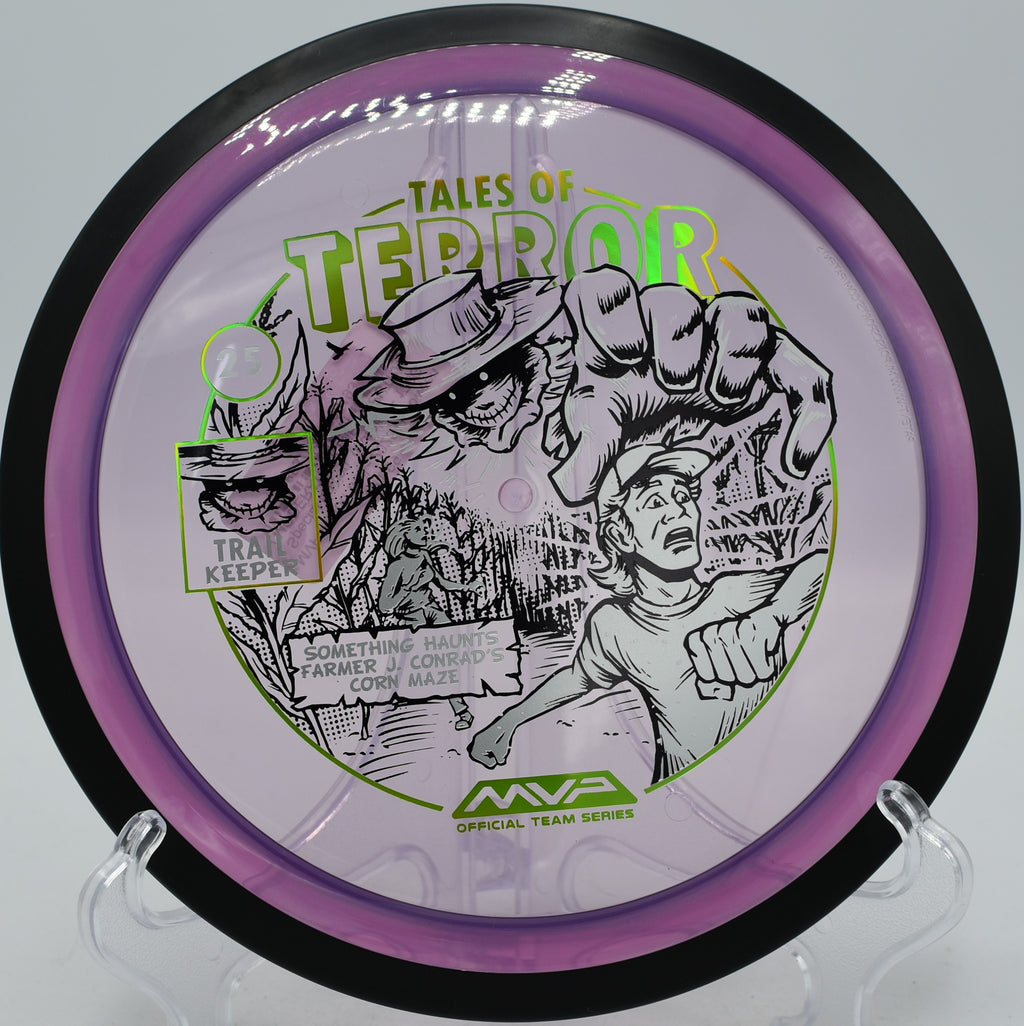 MVP Halloween-stamped Trail flying glidey turnover shot on hole 2 at Granite Ridge DGC, Brookville IN.