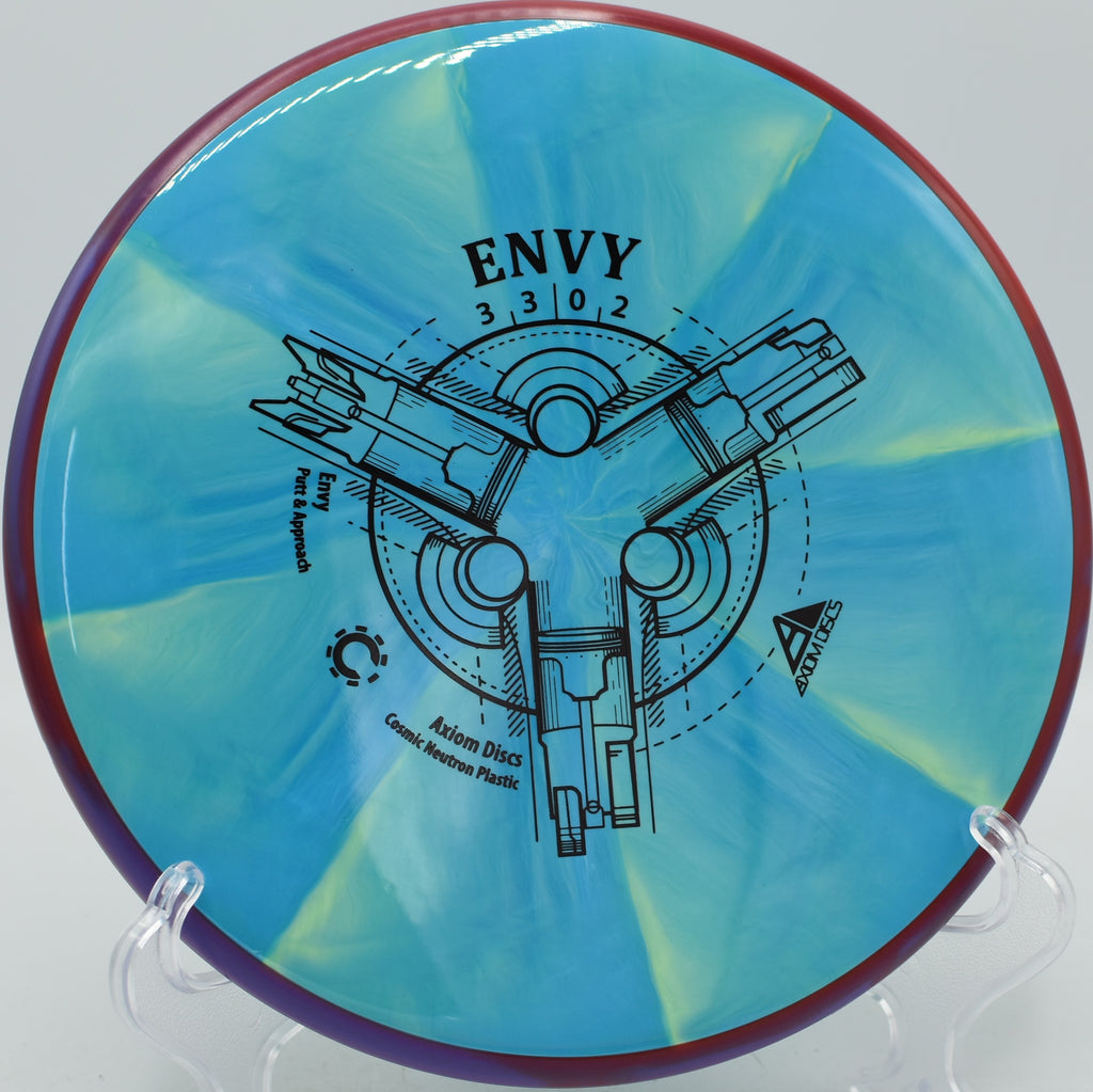 MVP Cosmic Neutron Envy parked under the basket after a precise upshot at Maple Hill Disc Golf Course in Leicester, Massachusetts.