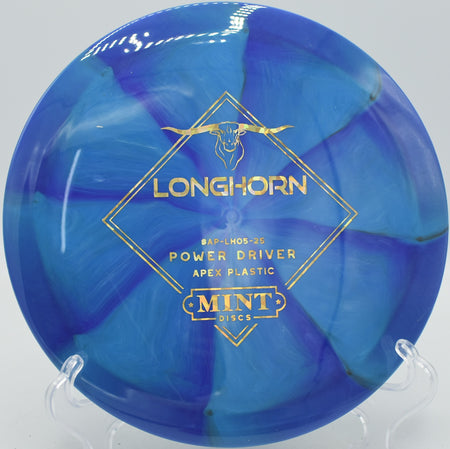 Apex Swirl Longhorn disc launched on a controlled hyzer-flip at DeLaveaga Disc Golf Course in Santa Cruz, California