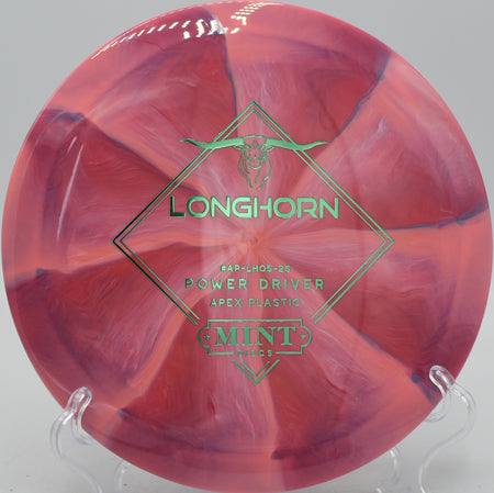 Mint Discs Apex Swirl Longhorn dependable driver flying straight with fade at Idlewild Disc Golf Course in Burlington, Kentucky