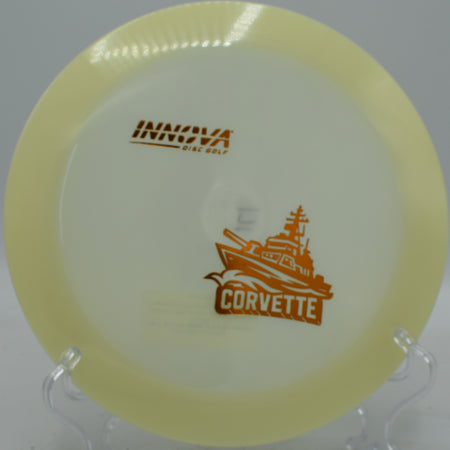 Glow Corvette flexing out of a hyzer angle as night falls at Flip City.

