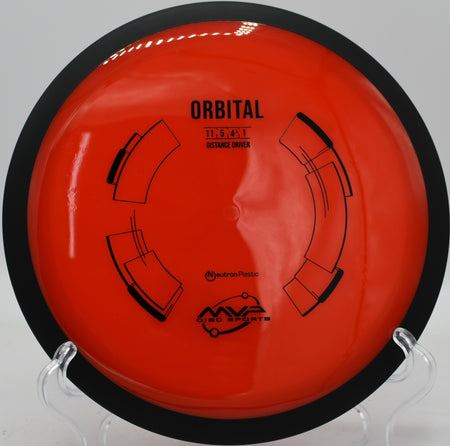 Beginner-level power throw with the Neutron Orbital soaring straight and turning softly at Stafford Woods.

