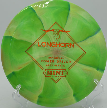 Apex Swirl Longhorn disc carrying glide on a downhill drive at Fountain Hills Disc Golf Course in Fountain Hills, Arizona