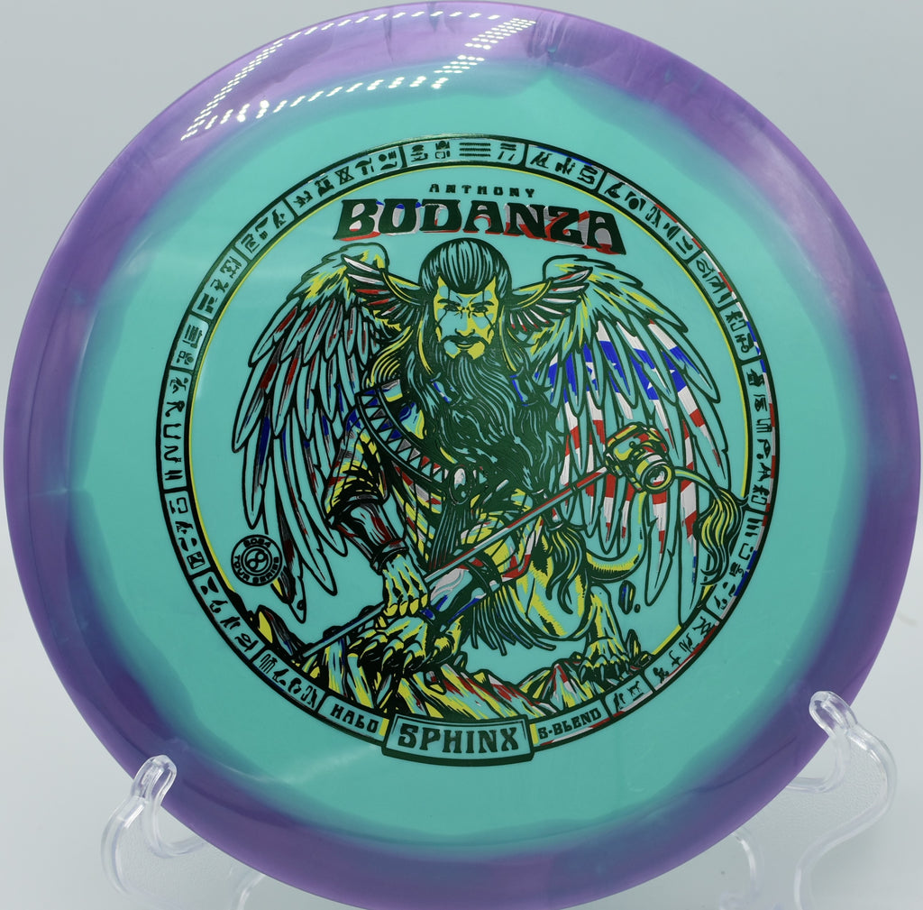 Infinite Discs Halo S-Blend Sphinx floating toward the chains on Hole 5 at Trophy Club Disc Golf Course, Trophy Club, Texas.
