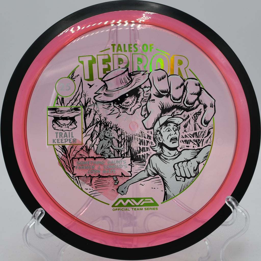 MVP Trail spooky 2025 edition disc shot forehand on left-fading fairway at Anna Page East in Rockford, Illinois