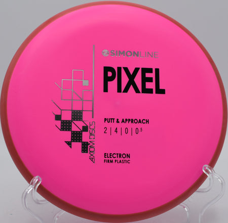 Electron Firm Pixel held in fan grip stance on the putting green at DeLaveaga Disc Golf Course in Santa Cruz, California

