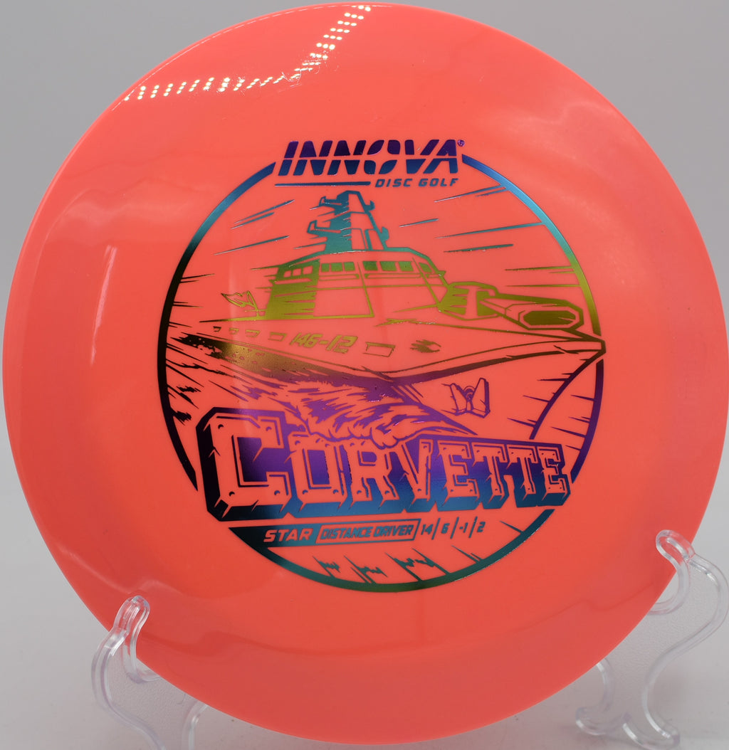 Innova Star Corvette high-speed driver ripping a long-distance flex line at Maple Hill Disc Golf Course in Leicester, Massachusetts