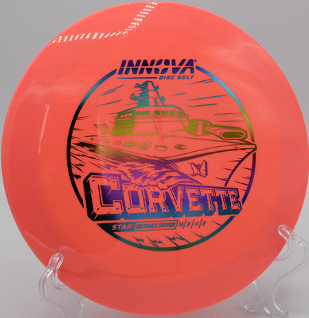 Innova Star Corvette high-speed driver ripping a long-distance flex line at Maple Hill Disc Golf Course in Leicester, Massachusetts