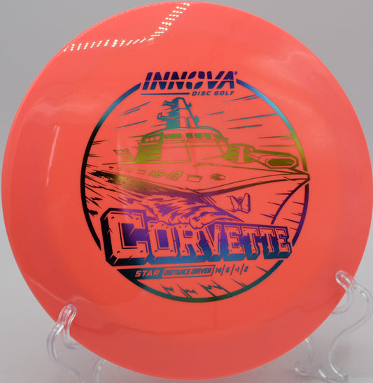 Innova Star Corvette high-speed driver ripping a long-distance flex line at Maple Hill Disc Golf Course in Leicester, Massachusetts
